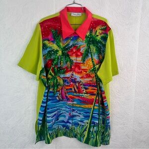 Diane Gilman Neon Silk Button Down Tropical Scene Blouse Size Large/X-Large